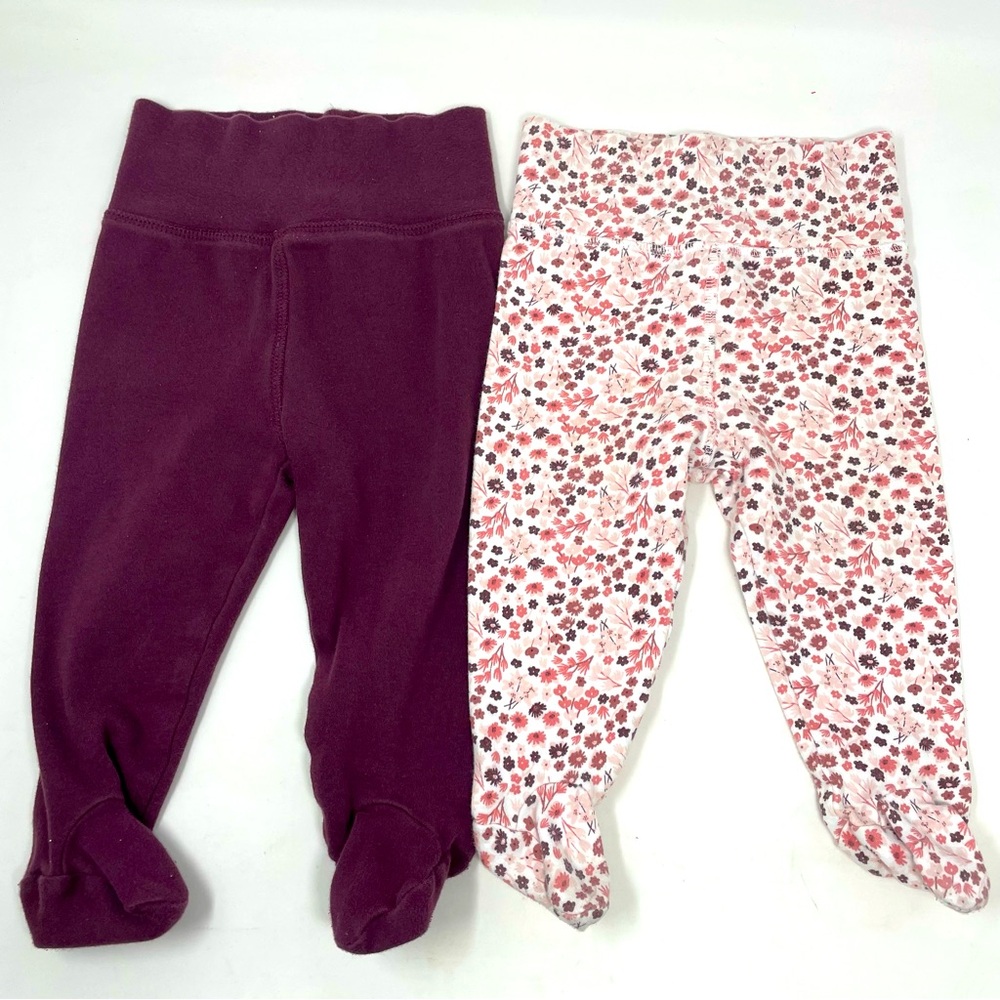 Baby 2pk High Waisted Burgundy and White Floral Footed Leggings Size 6-9m